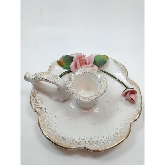 Lefton Pink Rose Chamberstick Candle Holders Gold Sponged Accent Set of 2 Japan - Picture 6 of 9